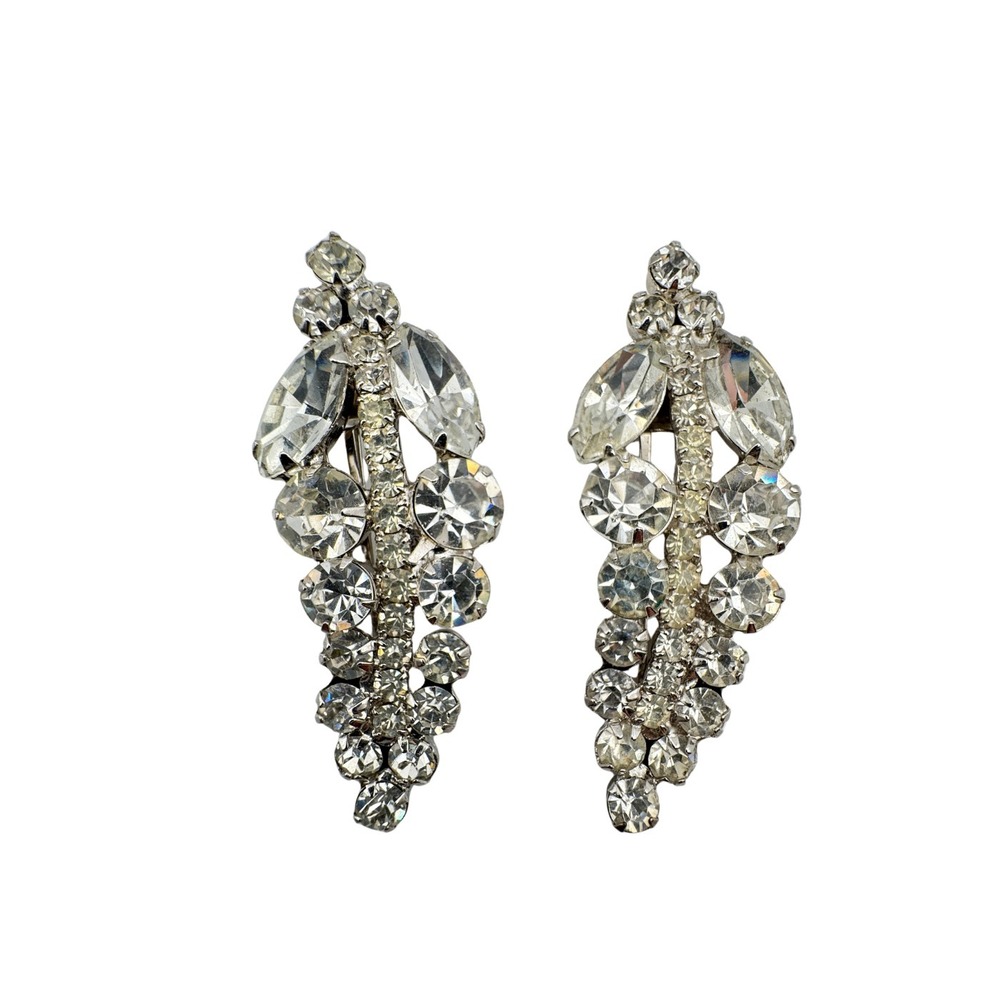 Vintage Rhinestone Dress Clips Pair Cascade Crystal Fur Clips READ One broken